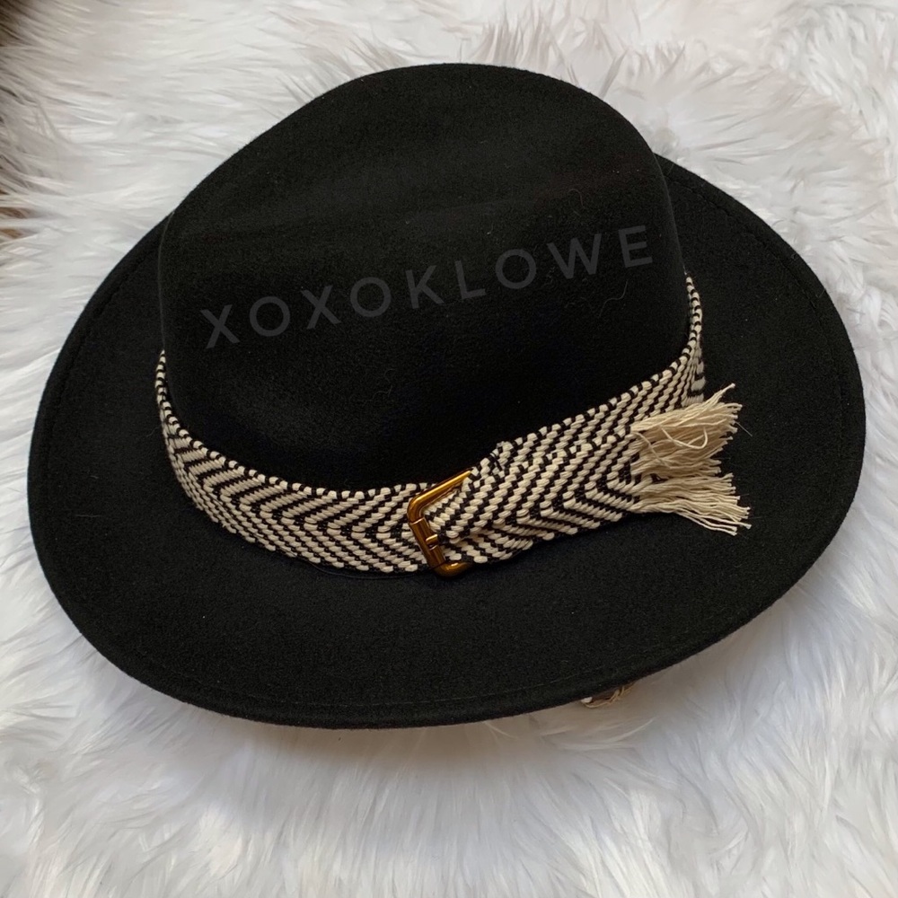 1 LEFT Black Wool Chevron Buckle Strap Wide Brim Hat - Picture 4 of 14